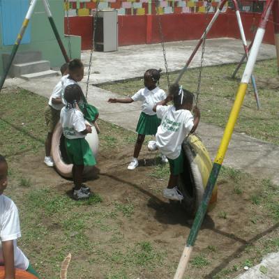 School children playing on a swing