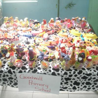 Display of recycled items on a table at the Exhibition